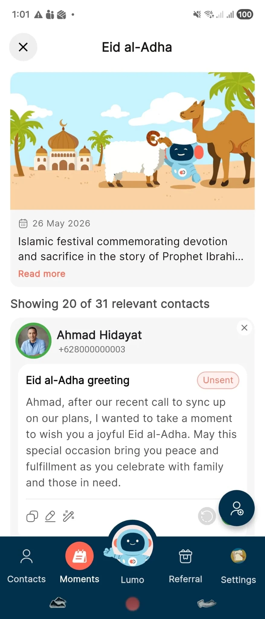 Haloop app screen showing Lumo drafting an Eid al-Adha greeting for a contact