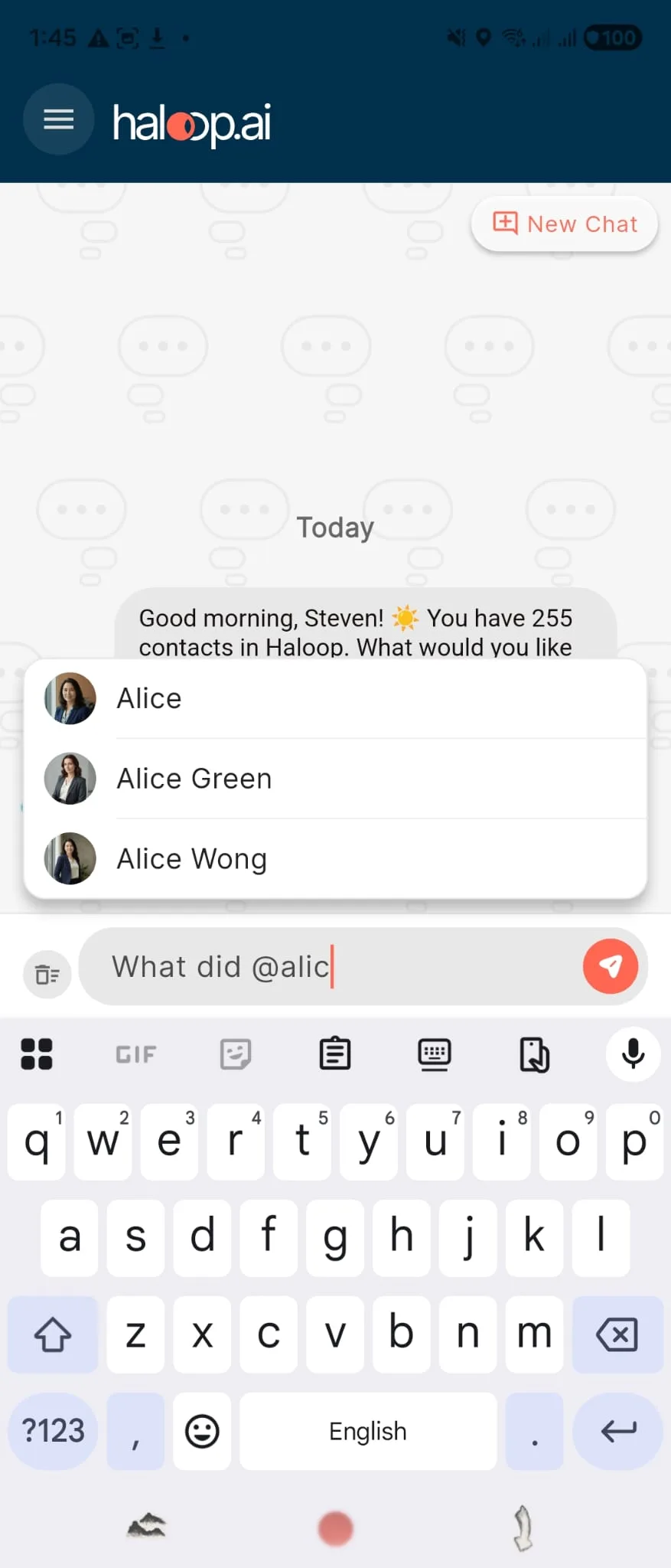 Typing a query with the @Alice autocomplete showing matching contacts