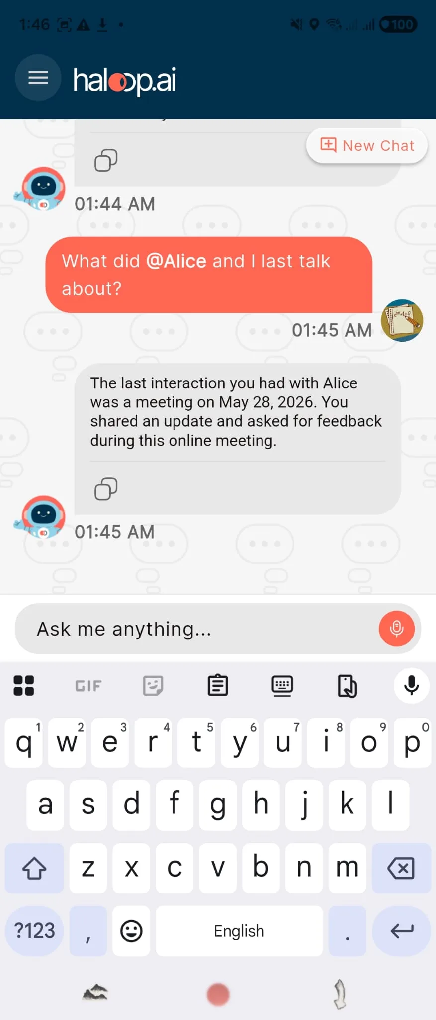 Lumo's response summarising the last interaction with Alice