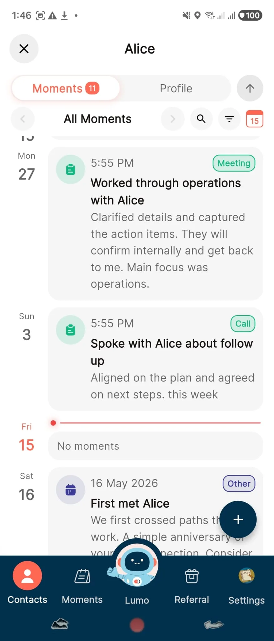 Alice's full moments timeline showing every interaction