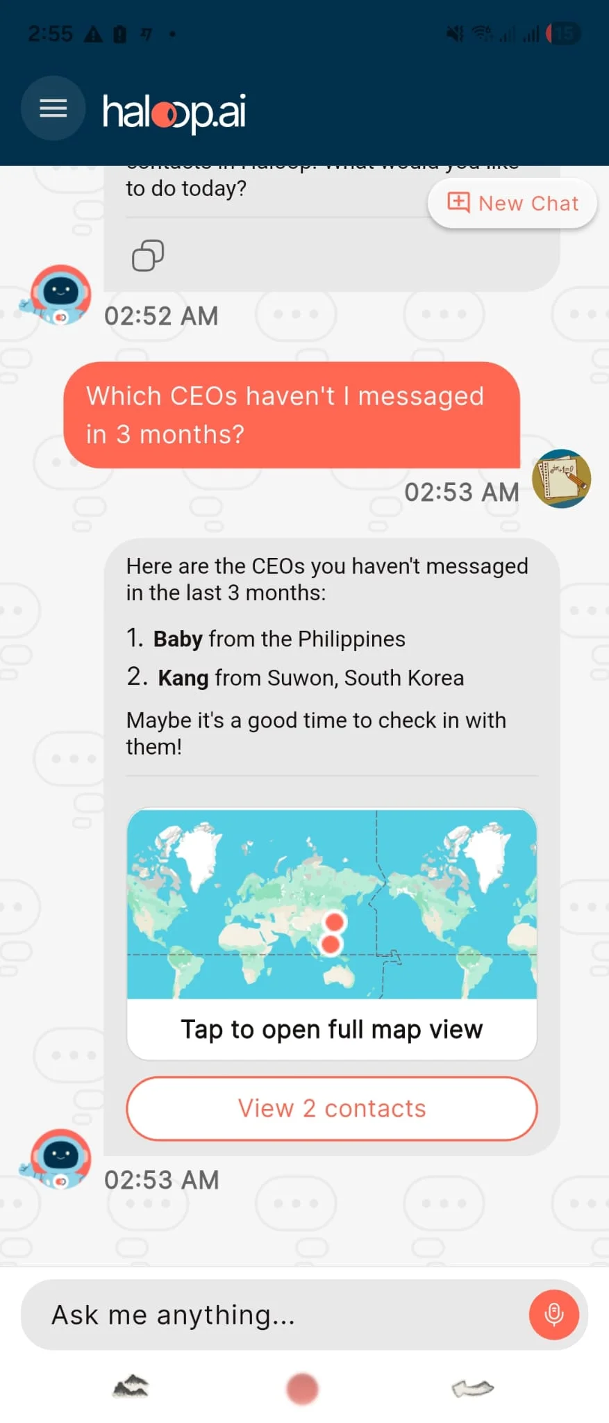 Lumo chat: list of CEOs you haven't messaged in 3 months, with a map preview