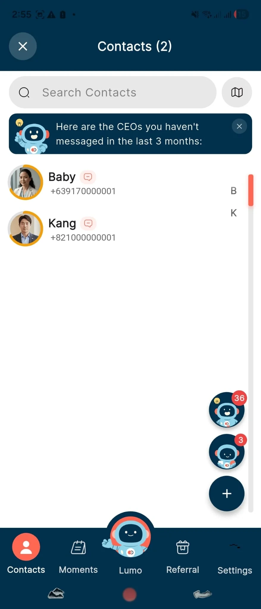 Filtered contacts view: the 2 CEOs Lumo matched, ready to message