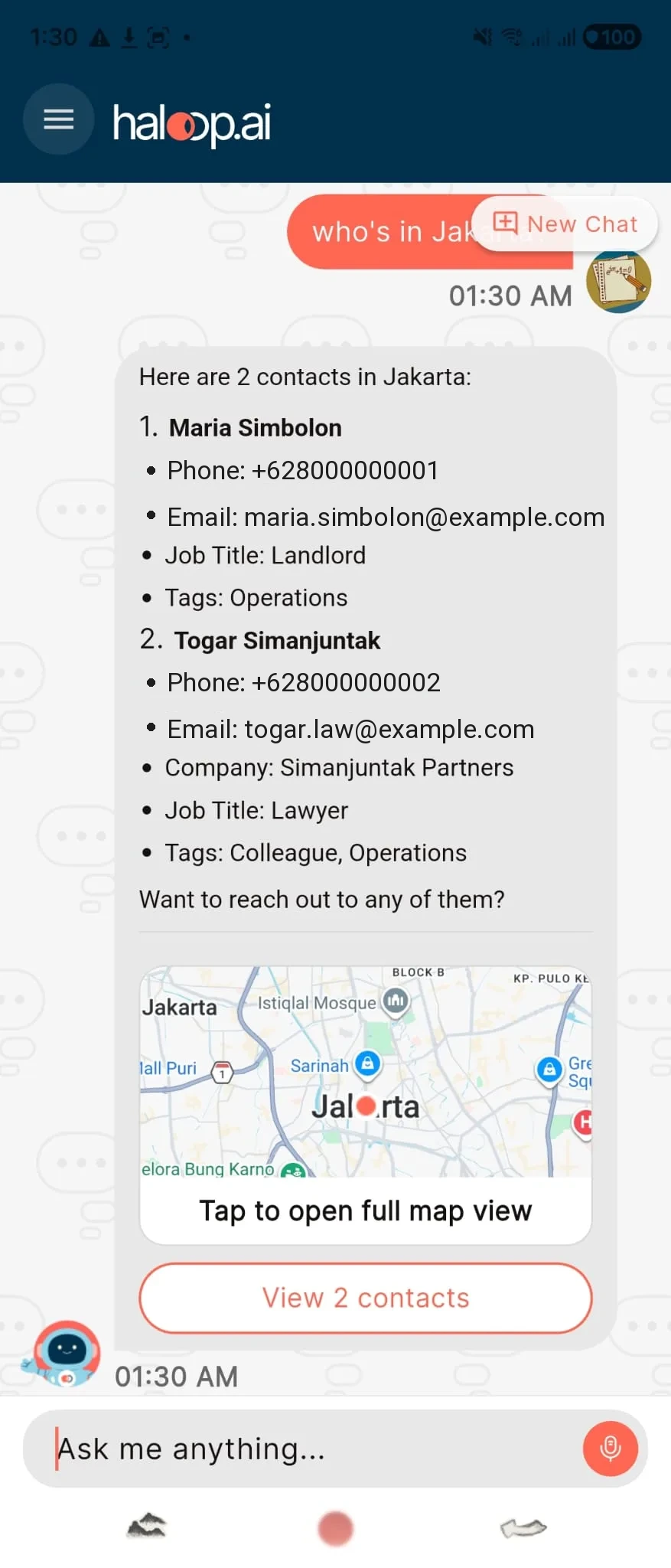 Lumo chat: 2 contacts in Jakarta with a map preview