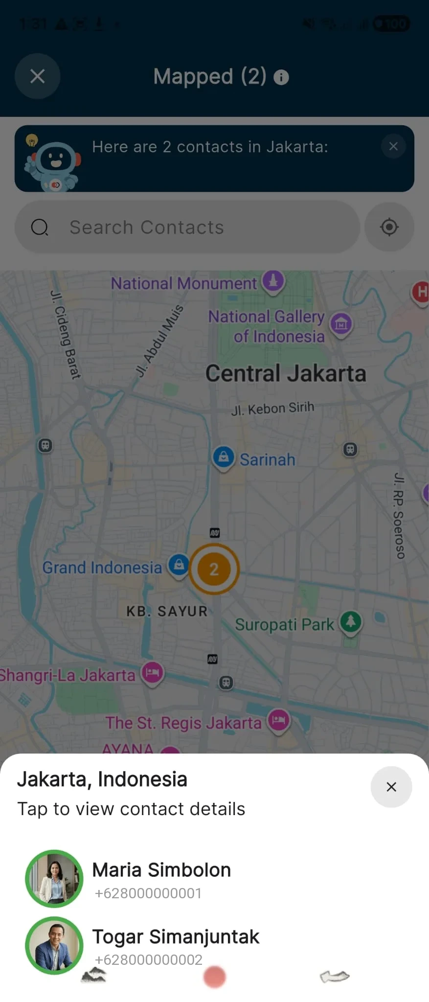 Map view: 2 contacts mapped in central Jakarta